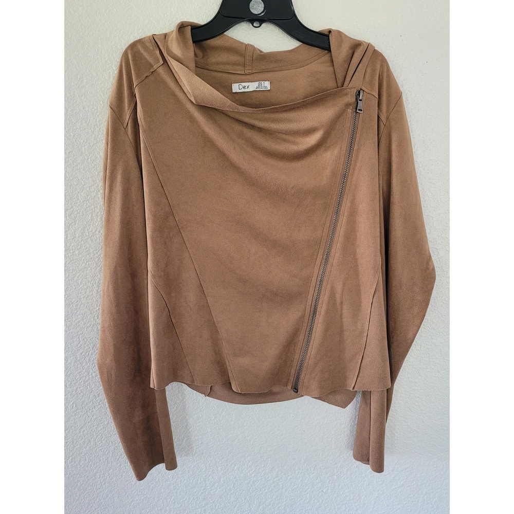 Dex Womens Tan Faux Suede Asymmetrical Zip Hooded Moto Jacket Small Camel #20